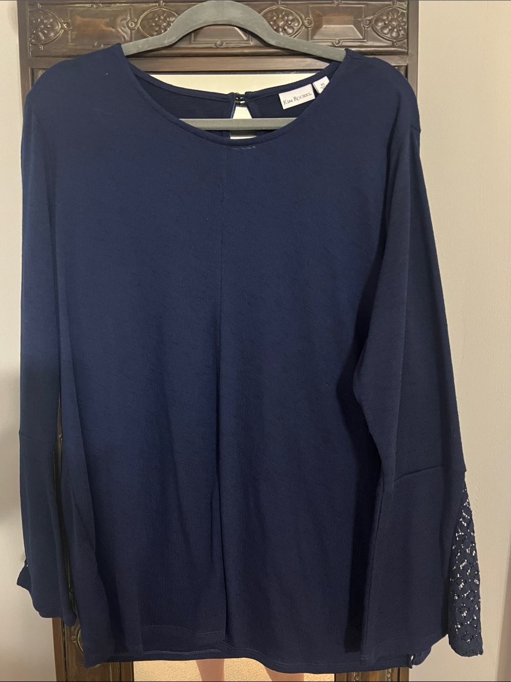Kim Rogers Navy Long-Sleeve Knit Top with Lace Cuff Detail